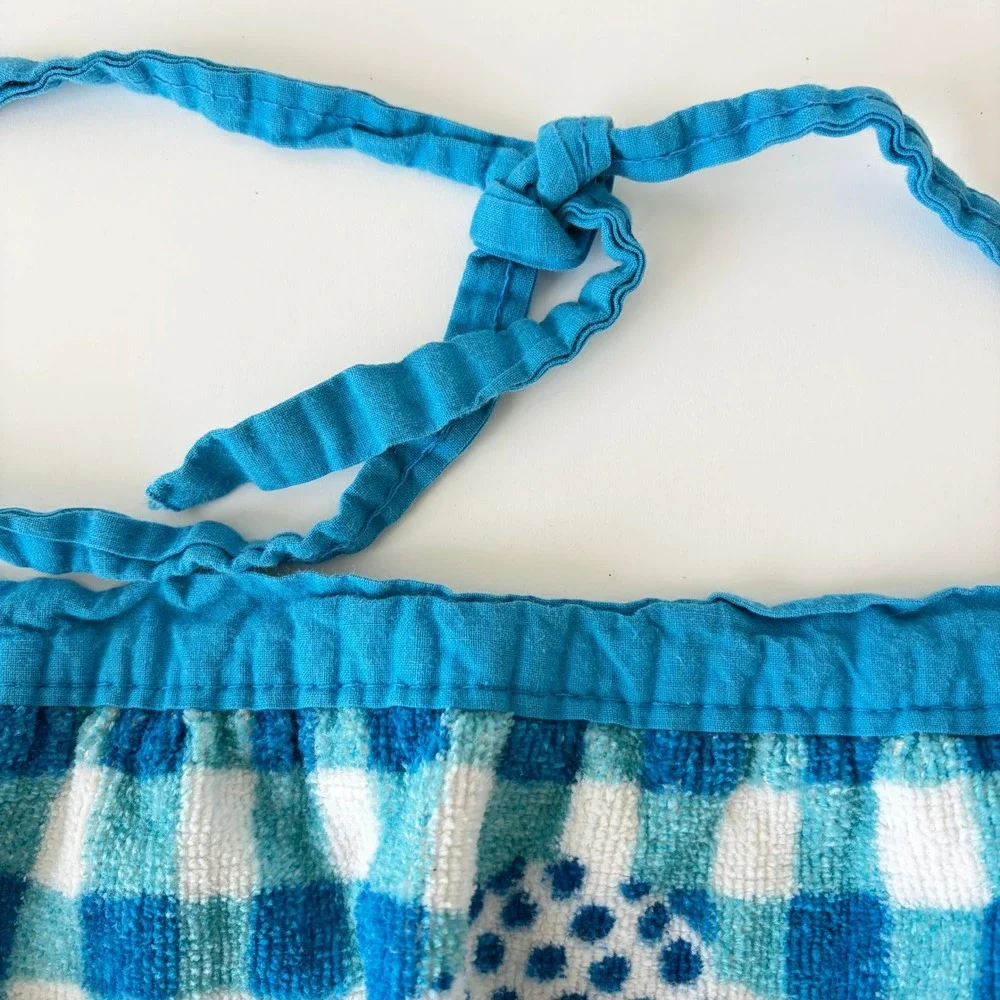 Vintage Royal Terry of California Blue Gingham Mod Floral Terry Cloth Half Apron